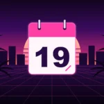 Ilustración de la fecha de lanzamiento de GTA 6: calendario marcando el día 19 ante un atardecer de neón con palmeras