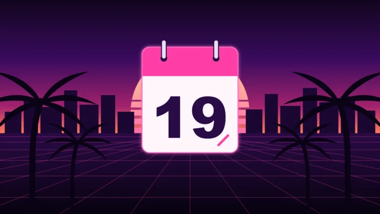 Ilustración de la fecha de lanzamiento de GTA 6: calendario marcando el día 19 ante un atardecer de neón con palmeras