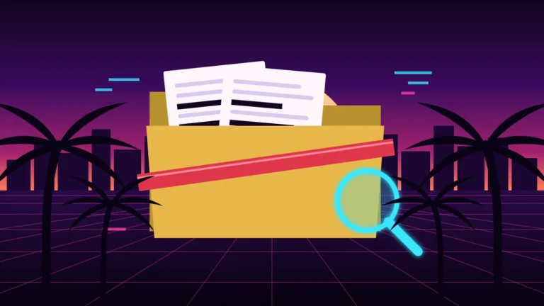 Ilustración sobre las filtraciones de GTA 6: carpeta confidencial con documentos tachados y una lupa de neón