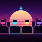 Ilustración de GTA 6 Online: cuatro jugadores con pañuelos de colores conectados por líneas de neón