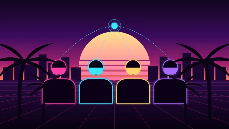 Ilustración de GTA 6 Online: cuatro jugadores con pañuelos de colores conectados por líneas de neón