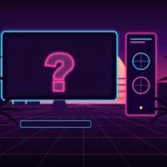 Ilustración sobre GTA 6 en PC: monitor y torre con luces de neón y un gran signo de interrogación al atardecer