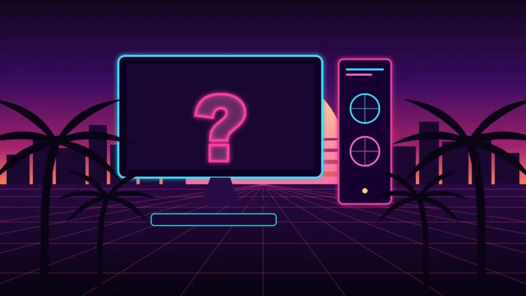Ilustración sobre GTA 6 en PC: monitor y torre con luces de neón y un gran signo de interrogación al atardecer