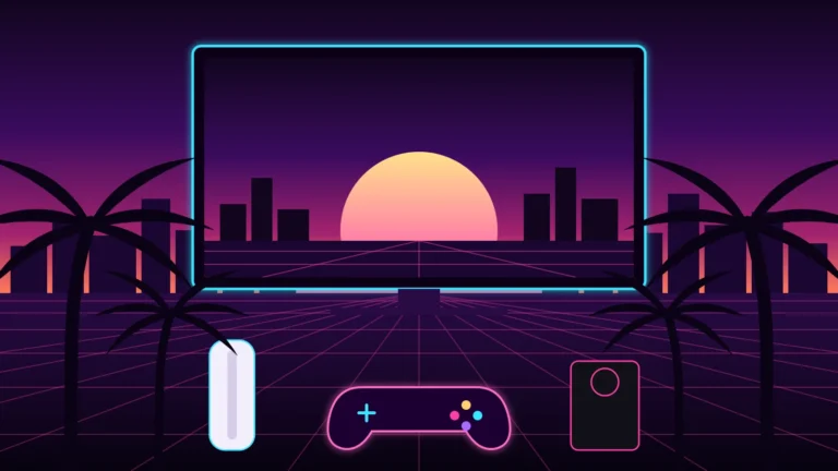 Ilustración de GTA 6 en PS5, PS5 Pro y Xbox: televisor con una ciudad al atardecer, dos consolas y un mando de neón