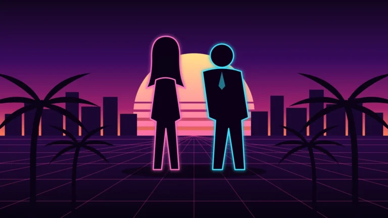 Ilustración de los personajes de GTA 6: siluetas de una pareja protagonista con contorno de neón rosa y cian al atardecer