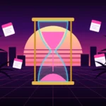 Ilustración de los retrasos de GTA 6: reloj de arena de neón y hojas de calendario volando ante un atardecer