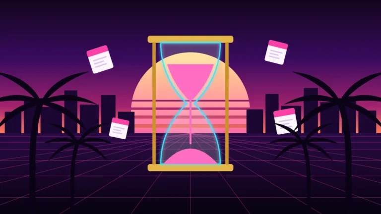 Ilustración de los retrasos de GTA 6: reloj de arena de neón y hojas de calendario volando ante un atardecer