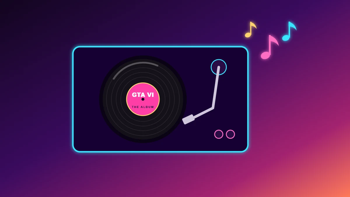 Tocadiscos con un vinilo negro de GTA VI The Album y notas musicales de neón sobre un degradado morado y rosa