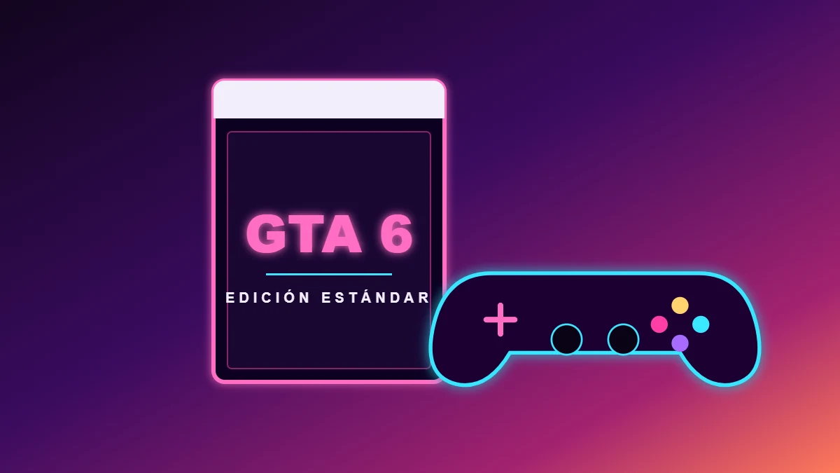 Caja de videojuego con el texto GTA 6 y un mando con luces de neón sobre un degradado morado y rosa