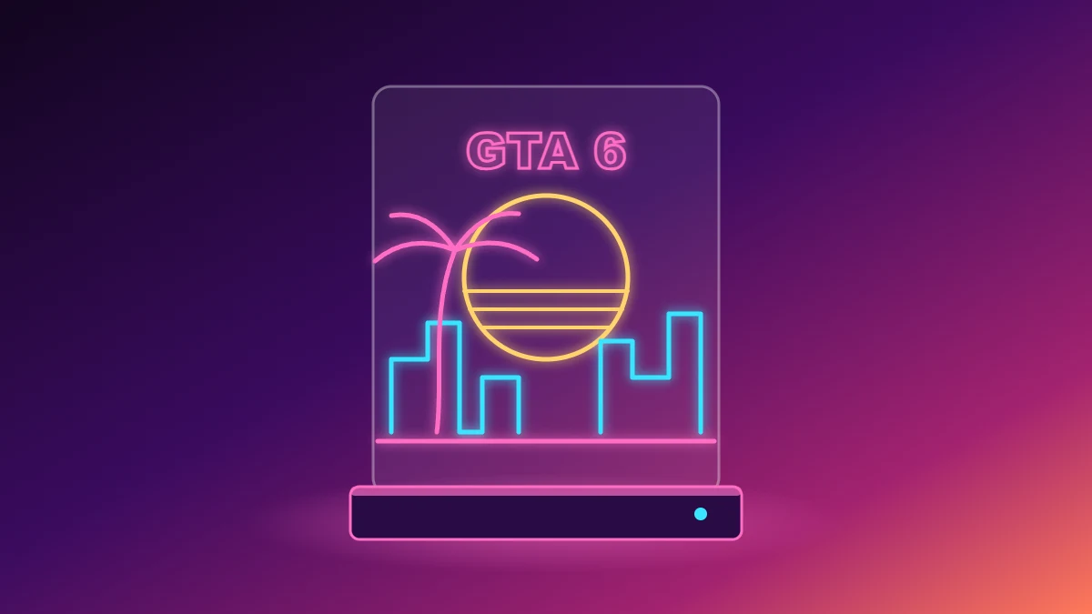 Lámpara de noche de metacrilato con el texto GTA 6, una ciudad y una palmera grabadas en neón sobre un degradado morado y rosa