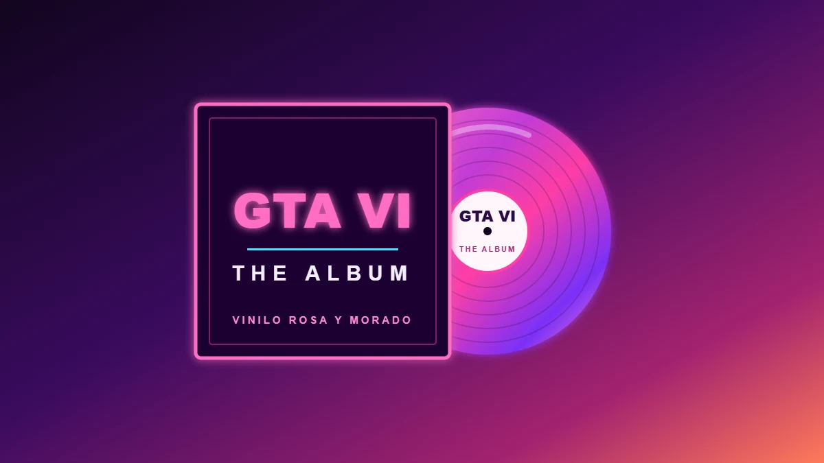 Vinilo rosa y morado saliendo de una funda con el texto GTA VI The Album sobre un degradado morado y rosa
